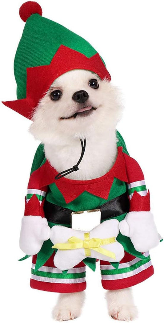 Dog Cat Christmas Elf Costume, Funny Pet Cosplay Dress with Cap, Puppy Fleece Outfits Warm Clothes for Xmas (M Size)